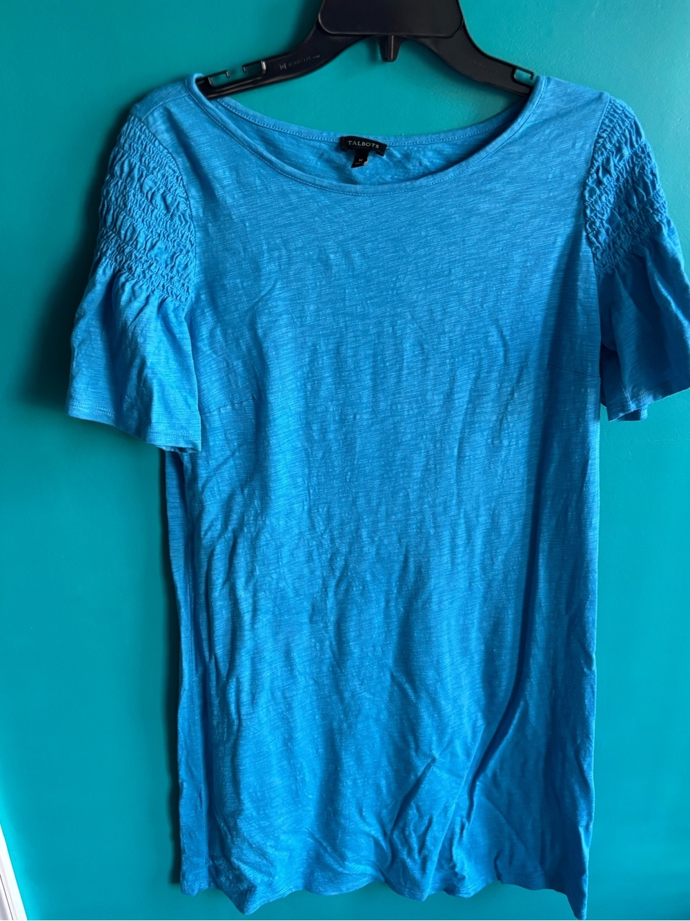 Talbots Short Sleeve Blue Smocked Shoulder Tee Dress